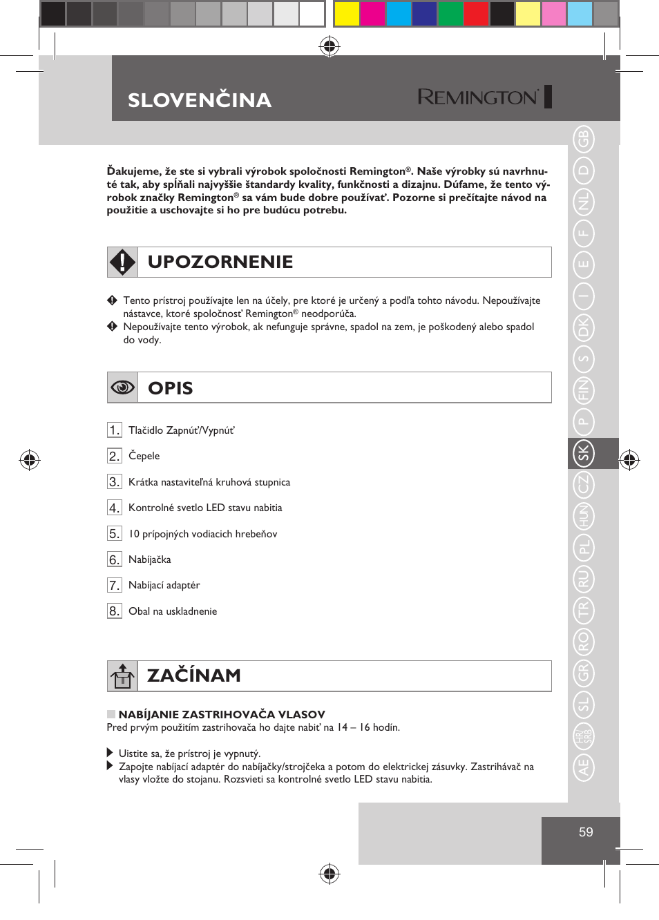 Slovenčina, Upozornenie, Opis | Začínam | Remington HC5810 User Manual | Page 61 / 121