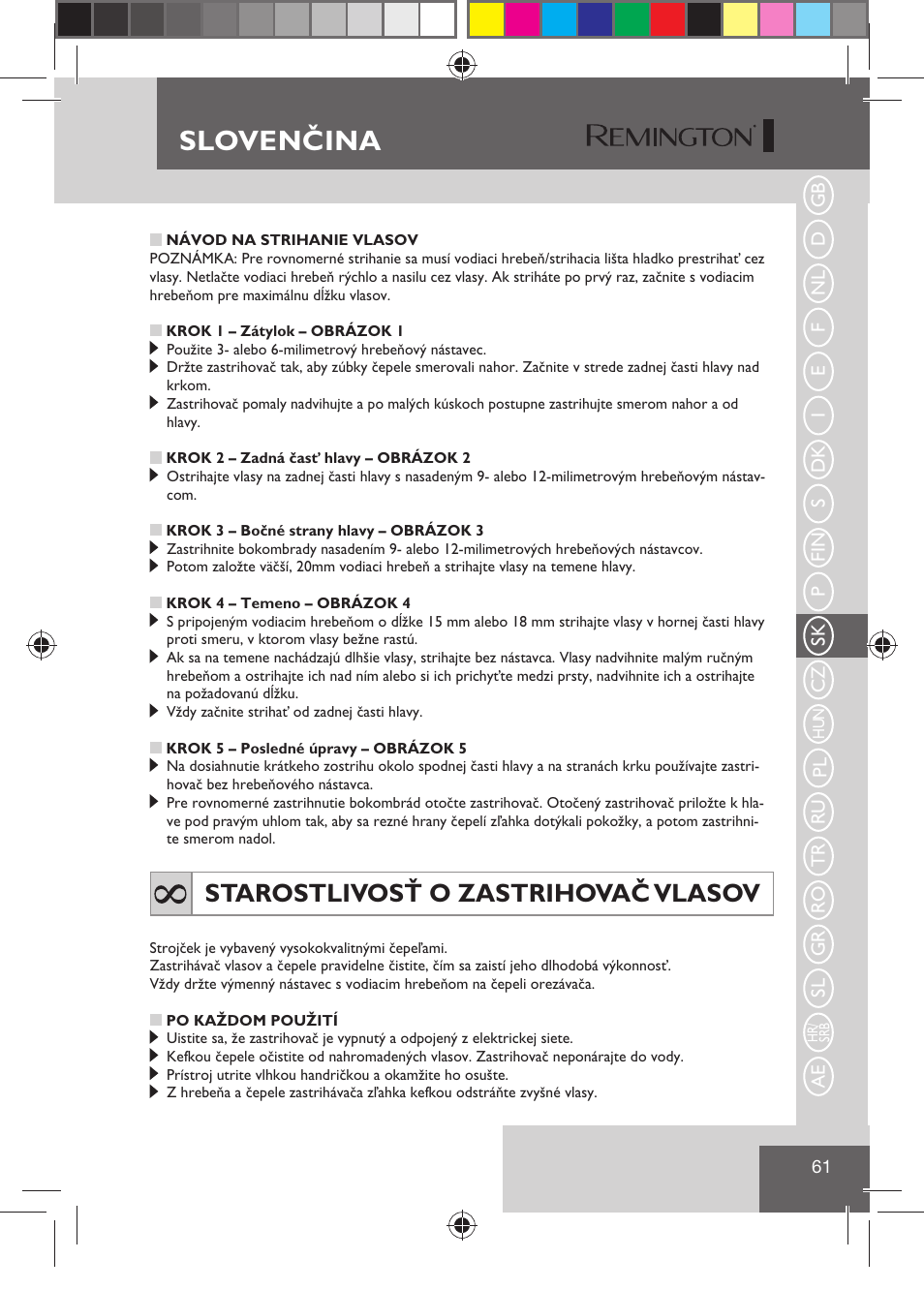 Slovenčina, Starostlivosť o zastrihovač vlasov | Remington HC5810 User Manual | Page 63 / 121