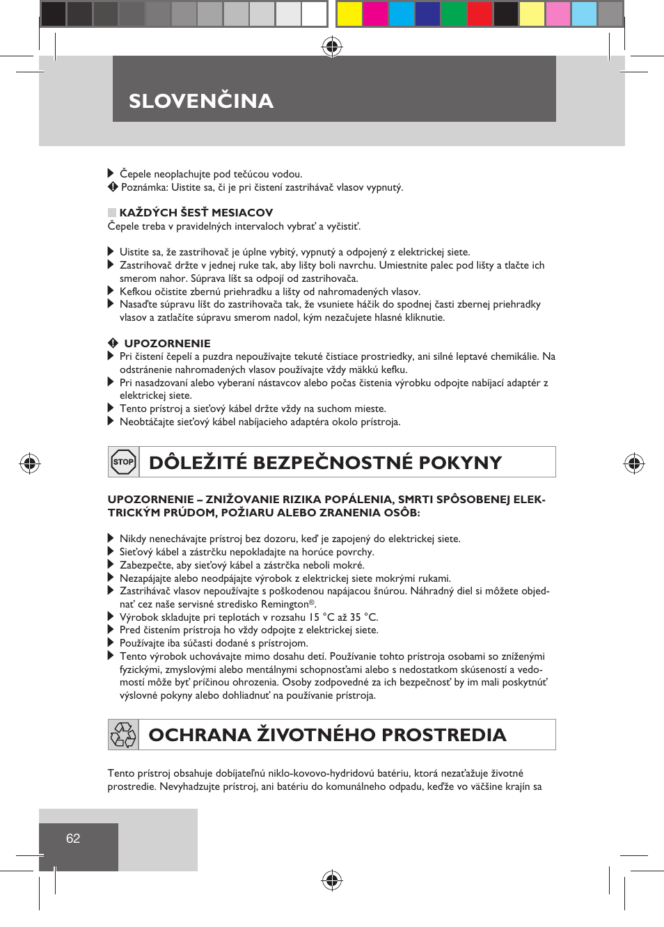 Slovenčina, Dôležité bezpečnostné pokyny, Ochrana životného prostredia | Remington HC5810 User Manual | Page 64 / 121