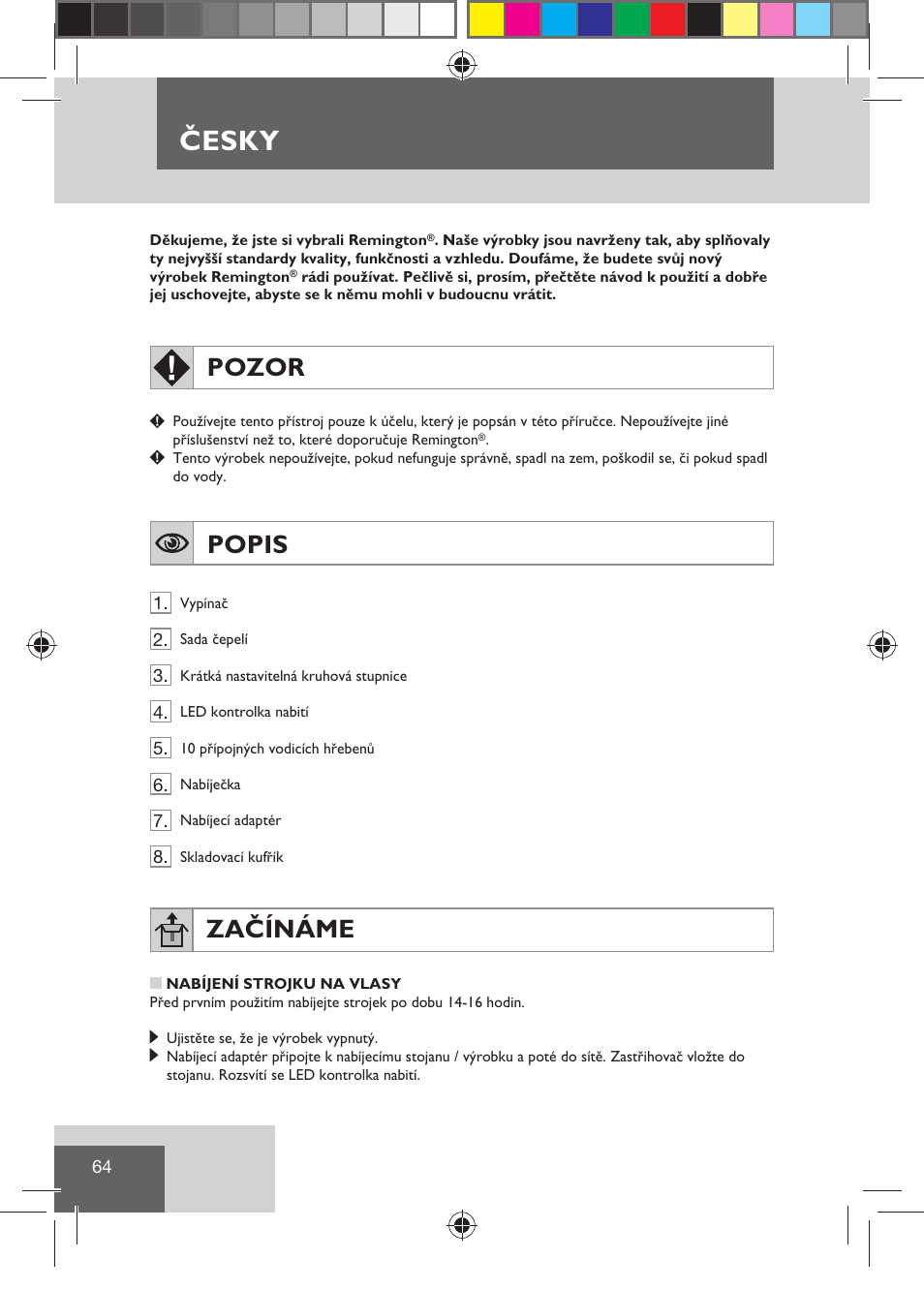 Česky, Pozor, Popis | Začínáme | Remington HC5810 User Manual | Page 66 / 121