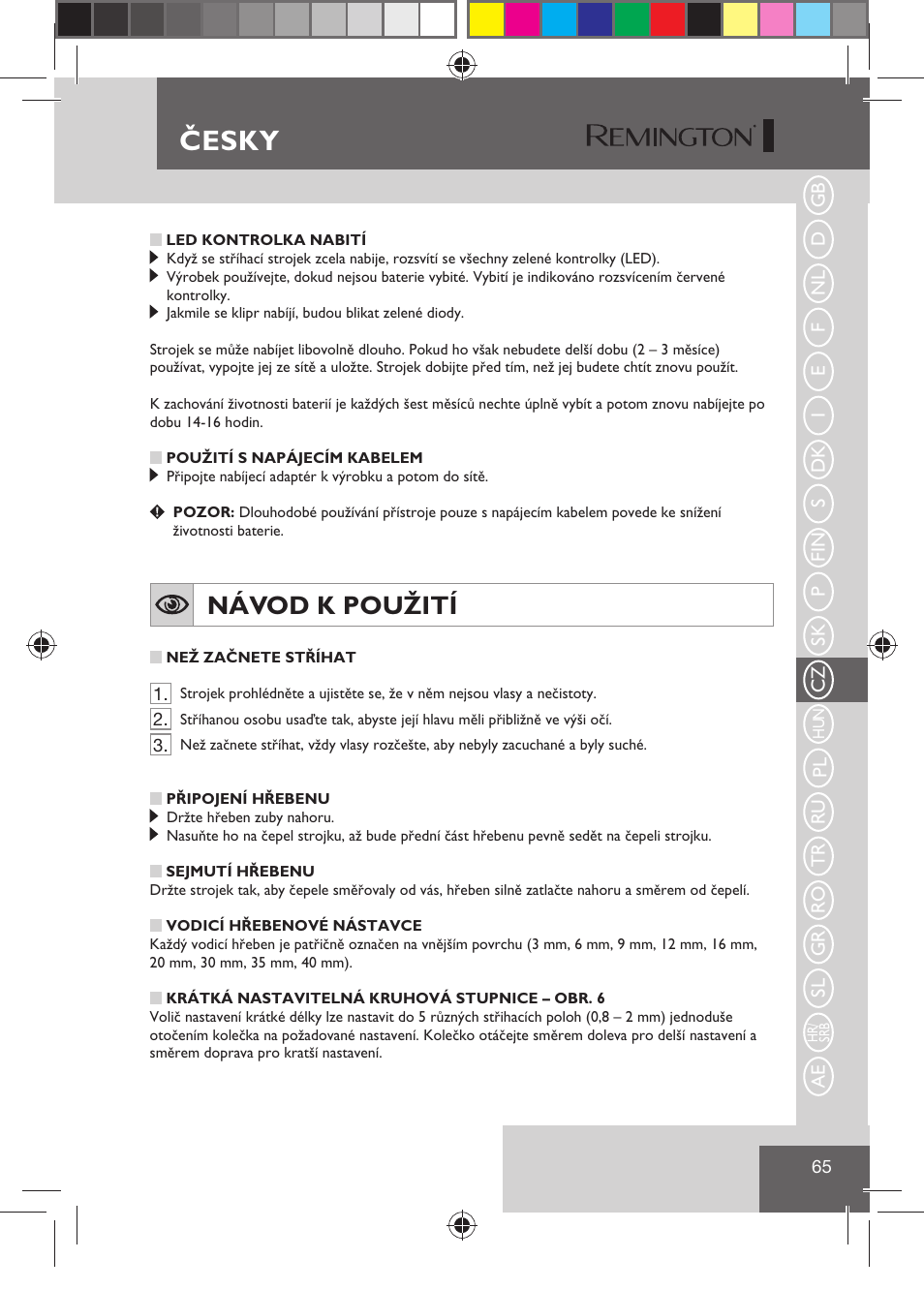 Česky, Návod k použití | Remington HC5810 User Manual | Page 67 / 121