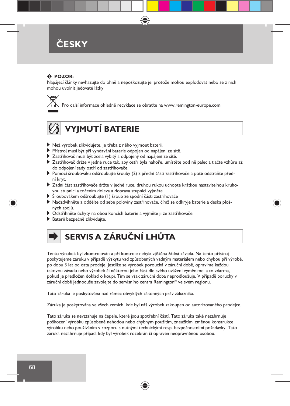 Česky, Vyjmutí baterie, Servis a záruční lhůta | Remington HC5810 User Manual | Page 70 / 121