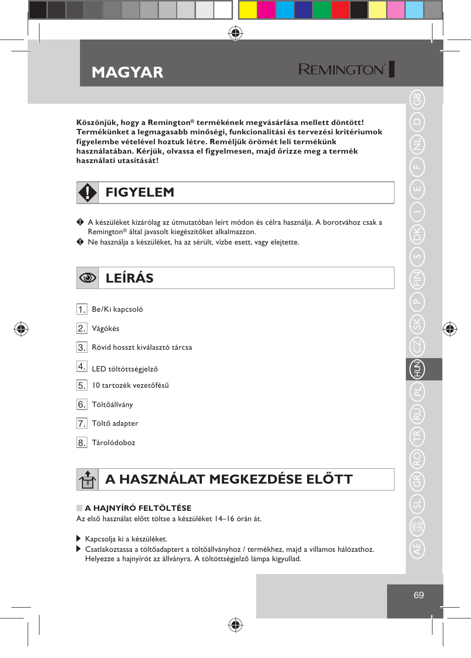 Magyar, Figyelem, Leírás | A használat megkezdése előtt | Remington HC5810 User Manual | Page 71 / 121