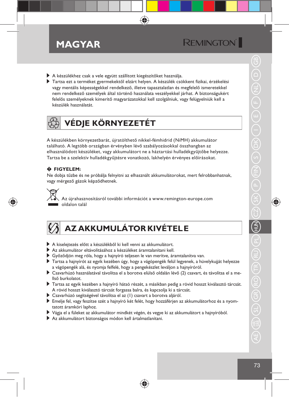 Magyar, Védje környezetét, Az akkumulátor kivétel e | Remington HC5810 User Manual | Page 75 / 121