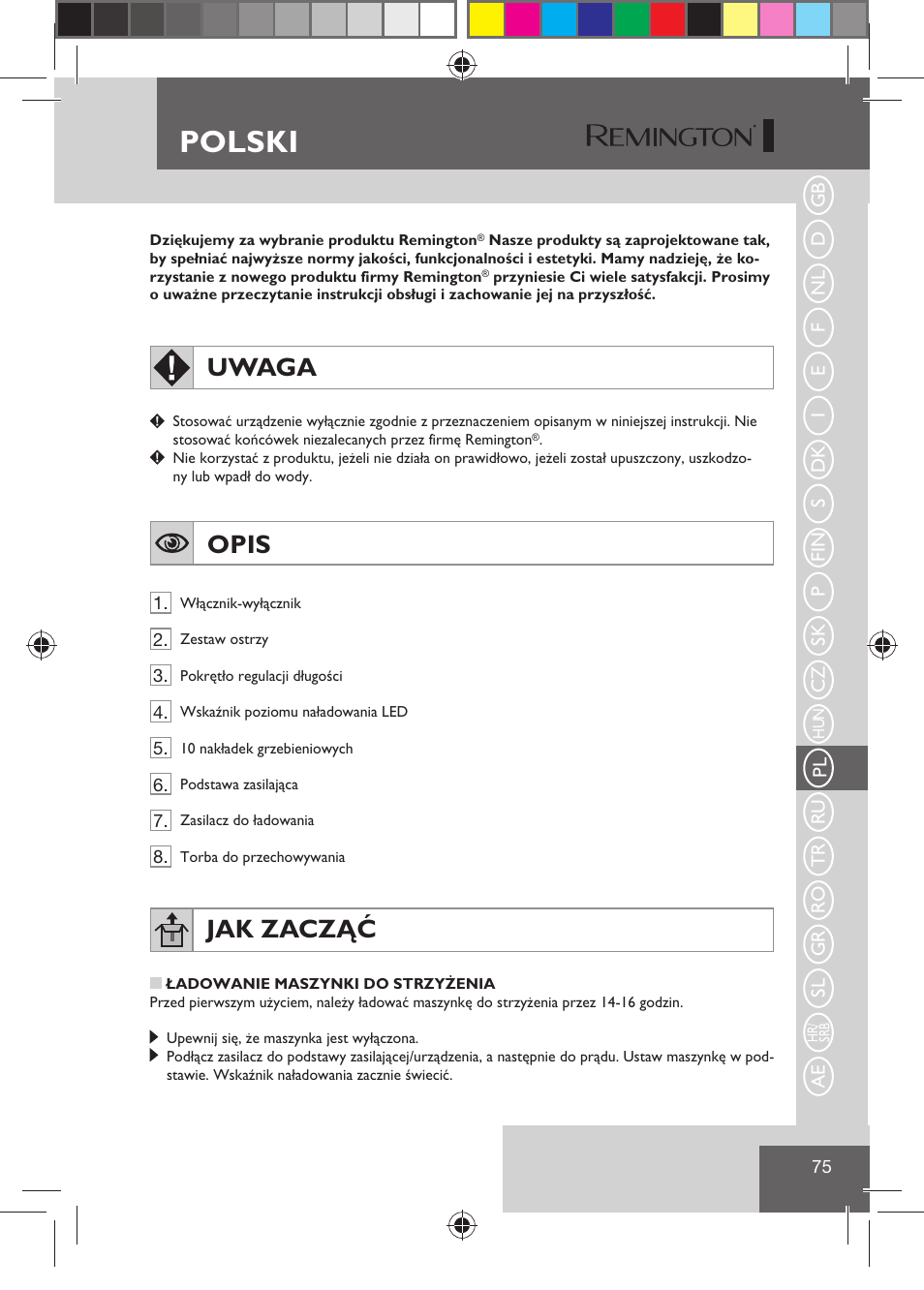 Polski, Uwaga, Opis | Jak zacząć | Remington HC5810 User Manual | Page 77 / 121