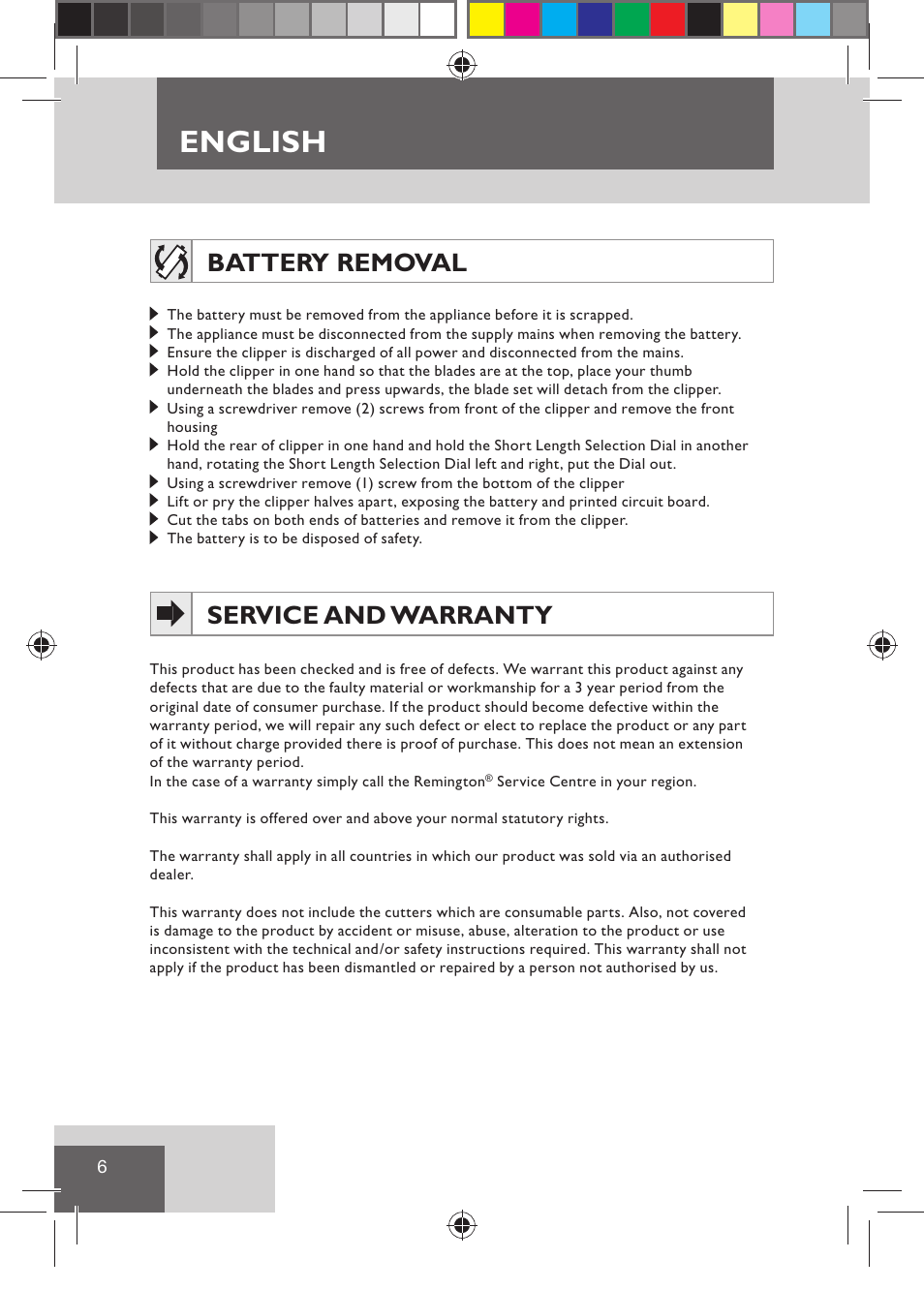 English, Battery removal, Service and warranty | Remington HC5810 User Manual | Page 8 / 121