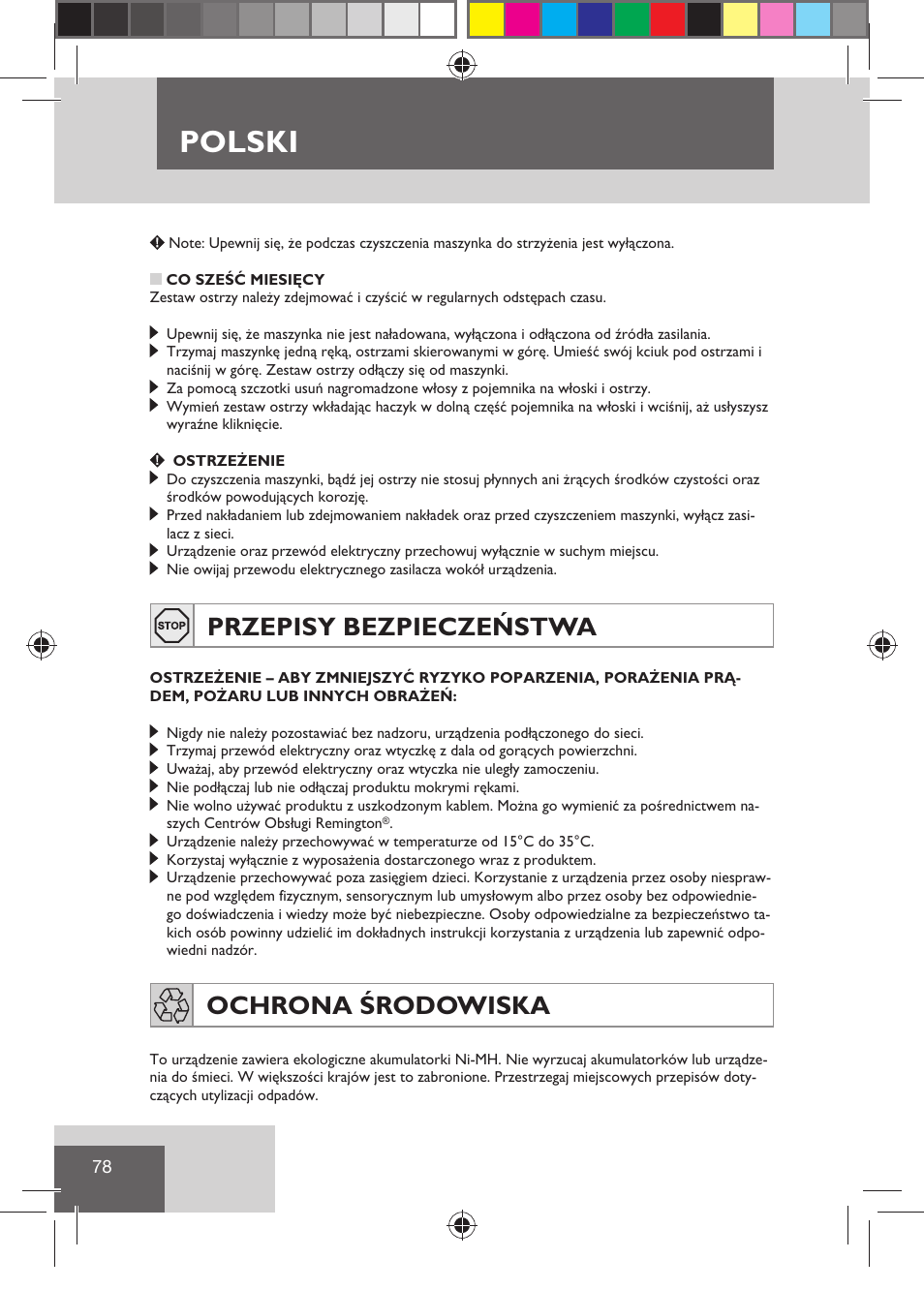 Polski, Przepisy bezpieczeństwa, Ochrona środowiska | Remington HC5810 User Manual | Page 80 / 121