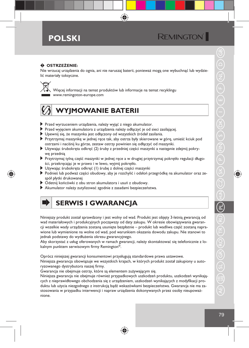 Polski, Wyjmowanie baterii, Serwis i gwarancja | Remington HC5810 User Manual | Page 81 / 121