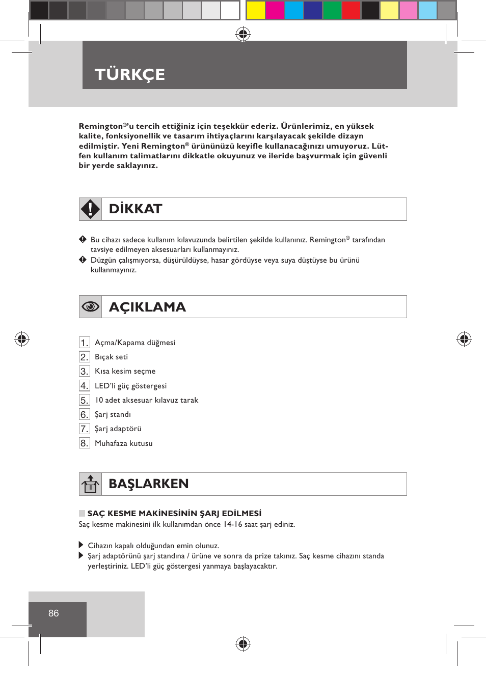 Türkçe, Dikkat, Açiklama | Başlarken | Remington HC5810 User Manual | Page 88 / 121