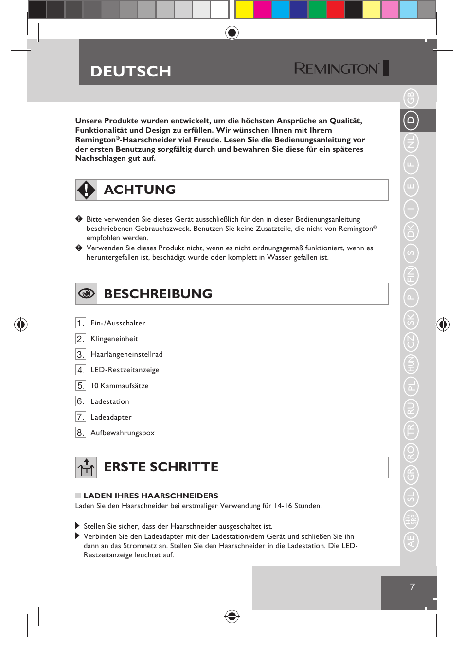 Deutsch, Achtung, Beschreibung | Erste schritte | Remington HC5810 User Manual | Page 9 / 121