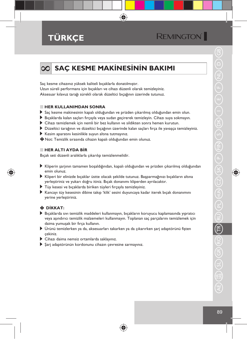 Türkçe, Saç kesme makinesinin bakimi | Remington HC5810 User Manual | Page 91 / 121