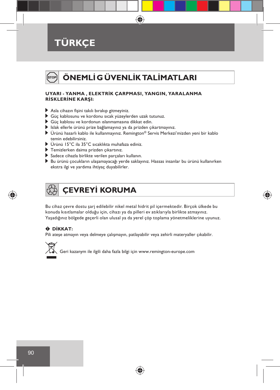 Türkçe, Önemli g üvenlik talimatlari, Çevreyi koruma | Remington HC5810 User Manual | Page 92 / 121