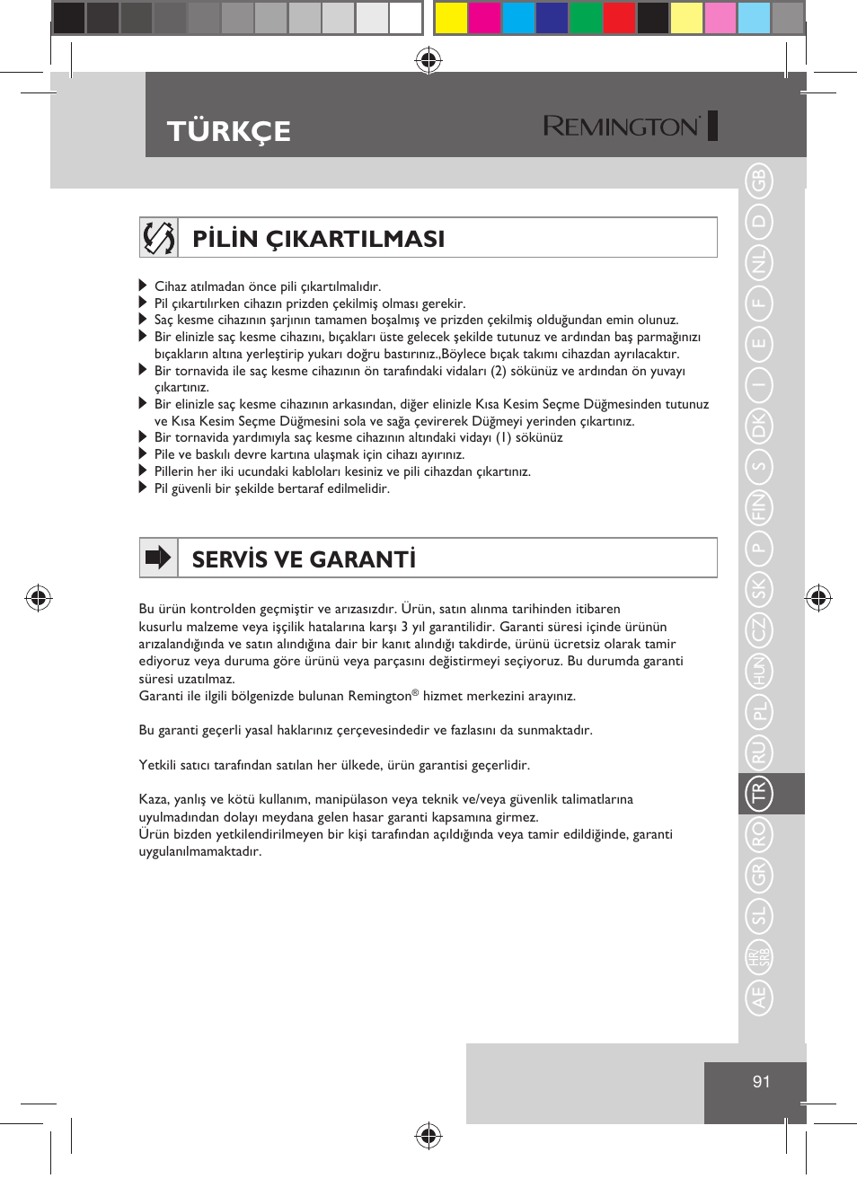 Türkçe, Pilin çikartilmasi, Servis ve garanti | Remington HC5810 User Manual | Page 93 / 121