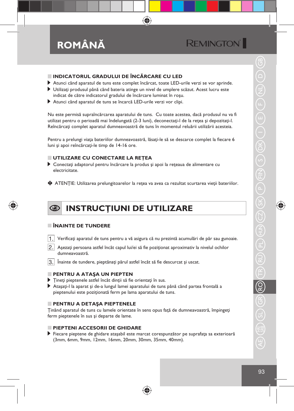 Română, Instrucţiuni de utilizare | Remington HC5810 User Manual | Page 95 / 121