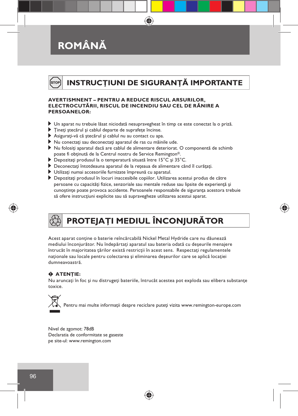 Română, Protejaţi mediul înconjurător, Instrucţiuni de siguranţă importante | Remington HC5810 User Manual | Page 98 / 121