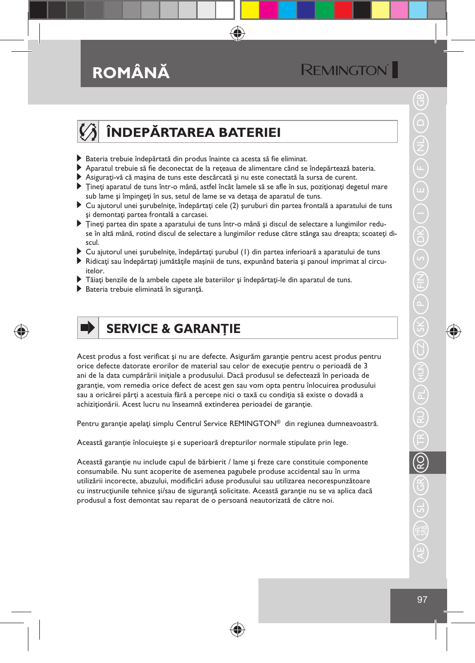 Română, Îndepărtarea bateriei, Service & garanţie | Remington HC5810 User Manual | Page 99 / 121