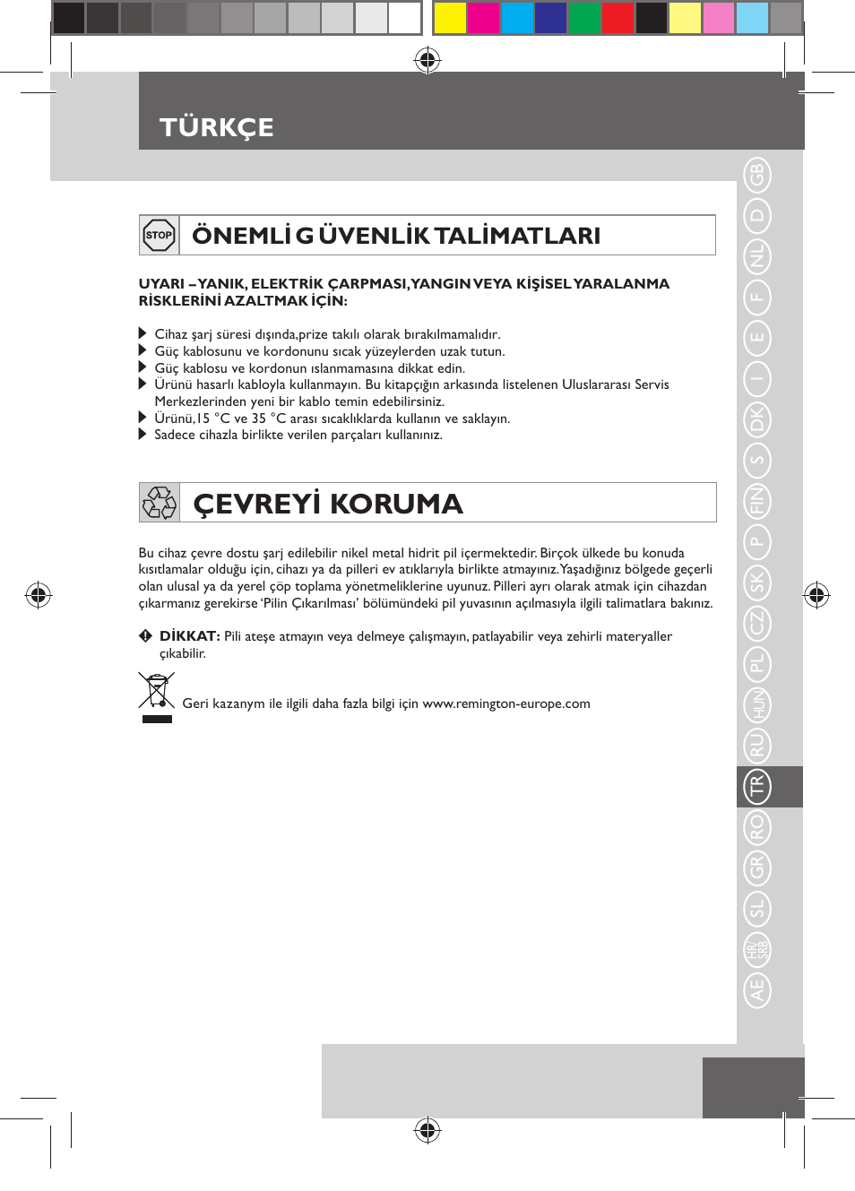 Çevreyi koruma, Türkçe, Önemli g üvenlik talimatlari | Remington MB4550 User Manual | Page 101 / 132