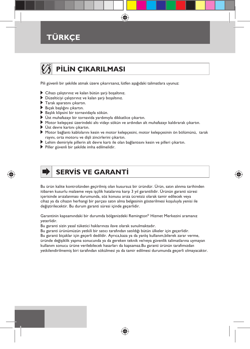 Türkçe, Pilin çikarilmasi, Servis ve garanti | Remington MB4550 User Manual | Page 102 / 132