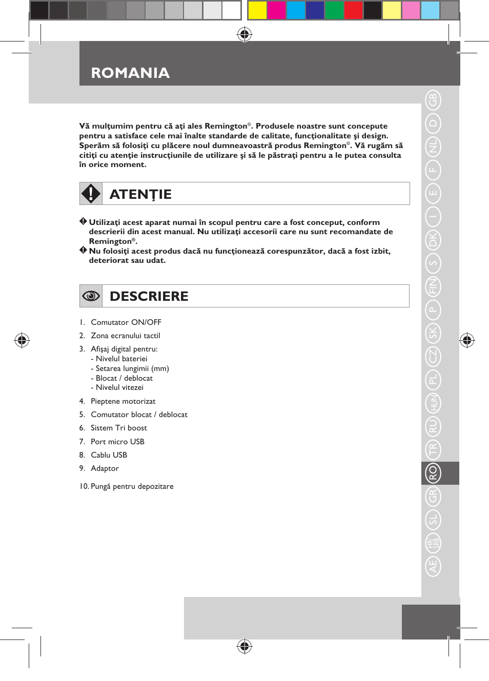 Romania, Atenţie, Descriere | Remington MB4550 User Manual | Page 103 / 132