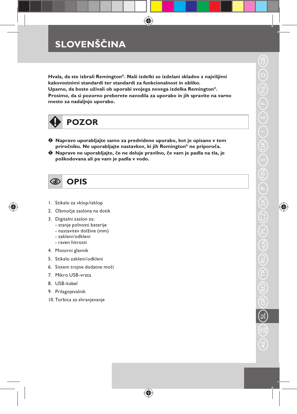 Slovenščina, Pozor, Opis | Remington MB4550 User Manual | Page 115 / 132