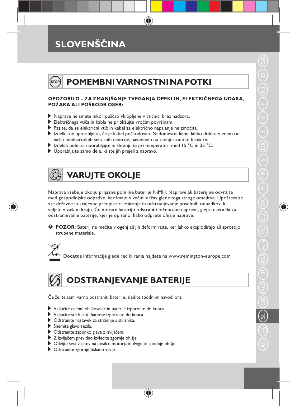 Slovenščina, Pomembni varnostni na potki, Varujte okolje | Odstranjevanje baterije | Remington MB4550 User Manual | Page 119 / 132