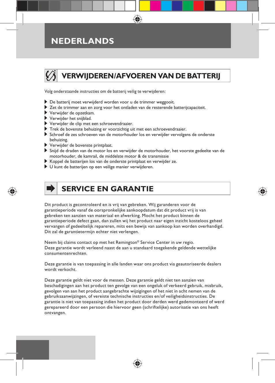 Nederlands, Verwijderen/afvoeren van de batterij, Service en garantie | Remington MB4550 User Manual | Page 24 / 132