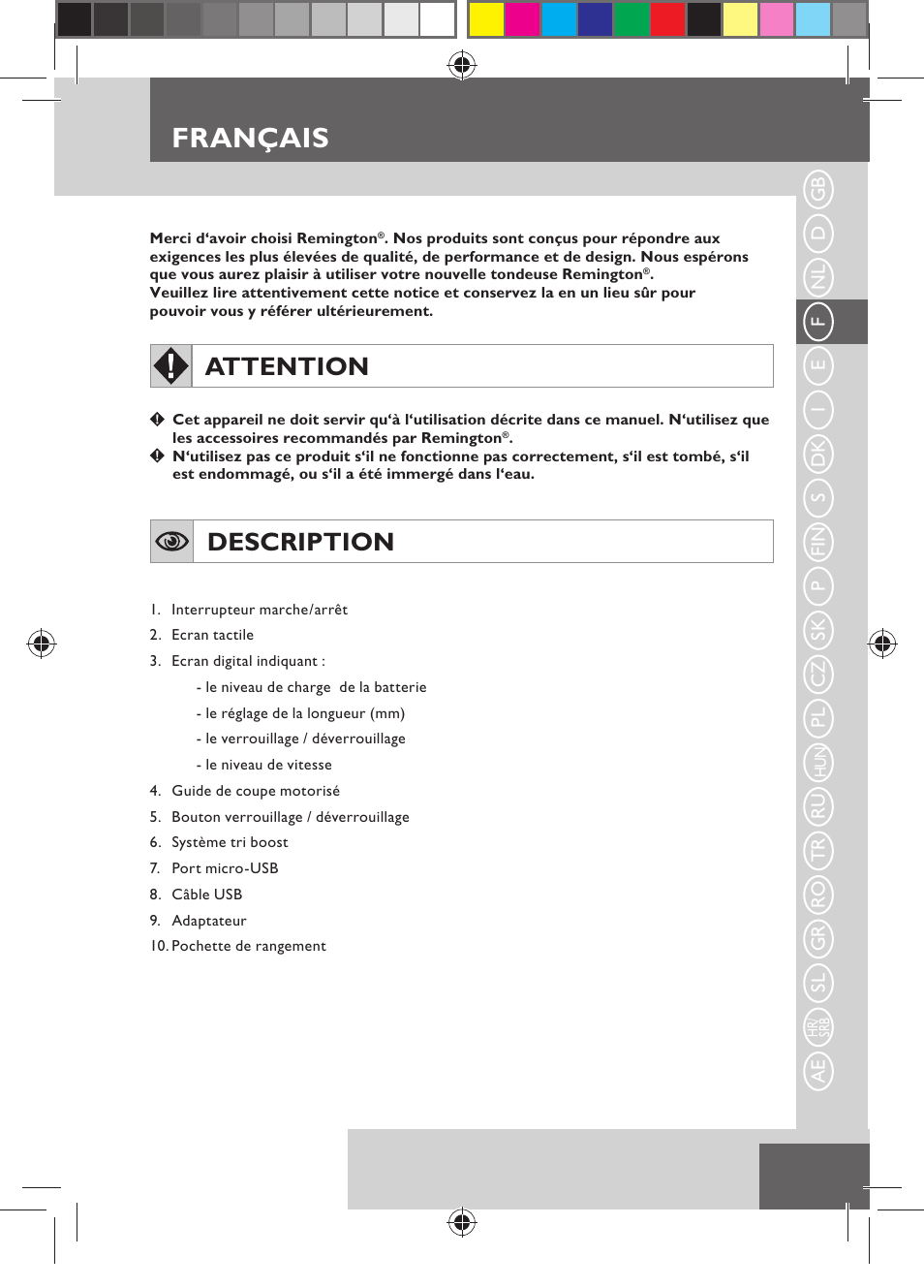 Français, Attention, Description | Remington MB4550 User Manual | Page 25 / 132