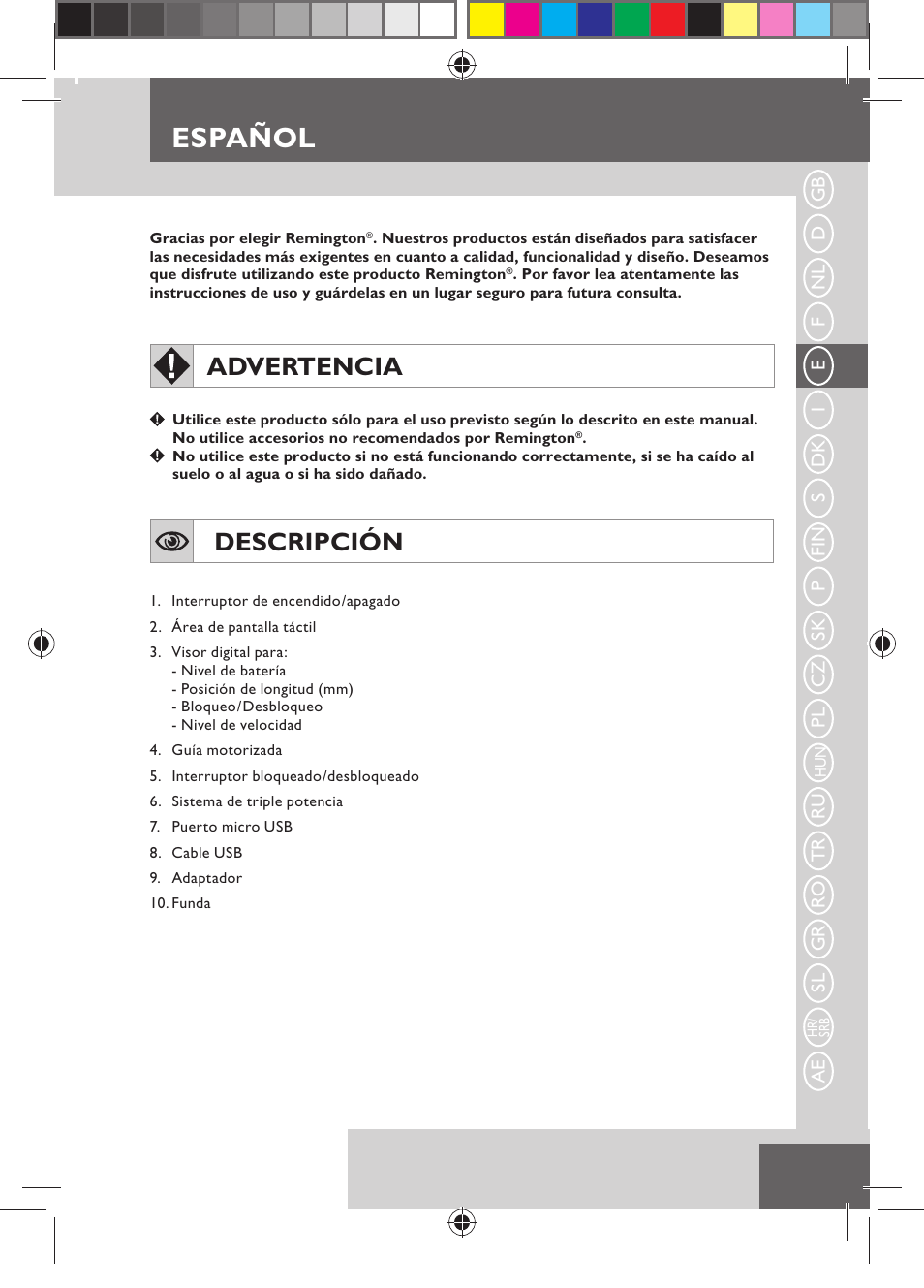 Español, Advertencia, Descripción | Remington MB4550 User Manual | Page 31 / 132