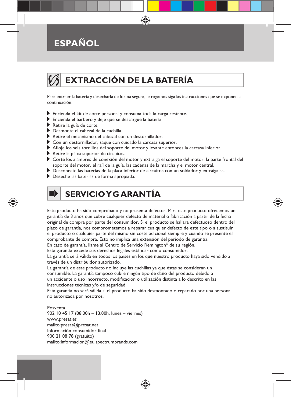 Español, Extracción de la batería, Servicio y g arantía | Remington MB4550 User Manual | Page 36 / 132