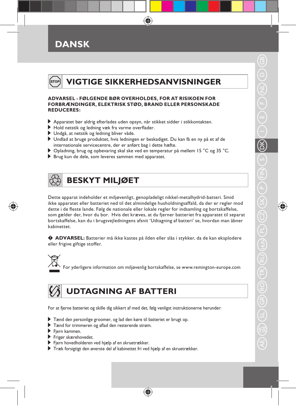 Dansk, Vigtige sikkerhedsanvisninger, Beskyt miljøet | Udtagning af batteri | Remington MB4550 User Manual | Page 47 / 132