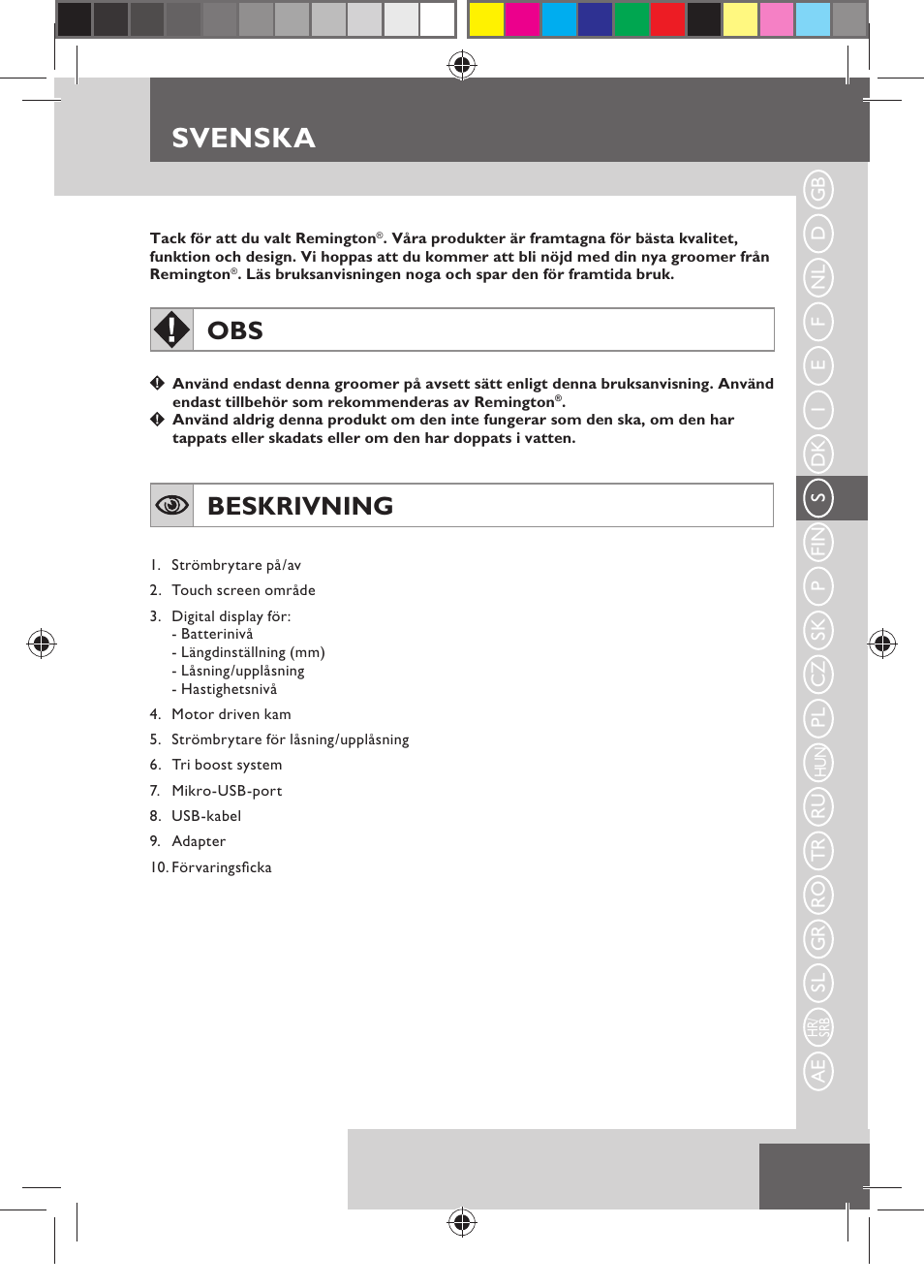 Svenska, Beskrivning | Remington MB4550 User Manual | Page 49 / 132