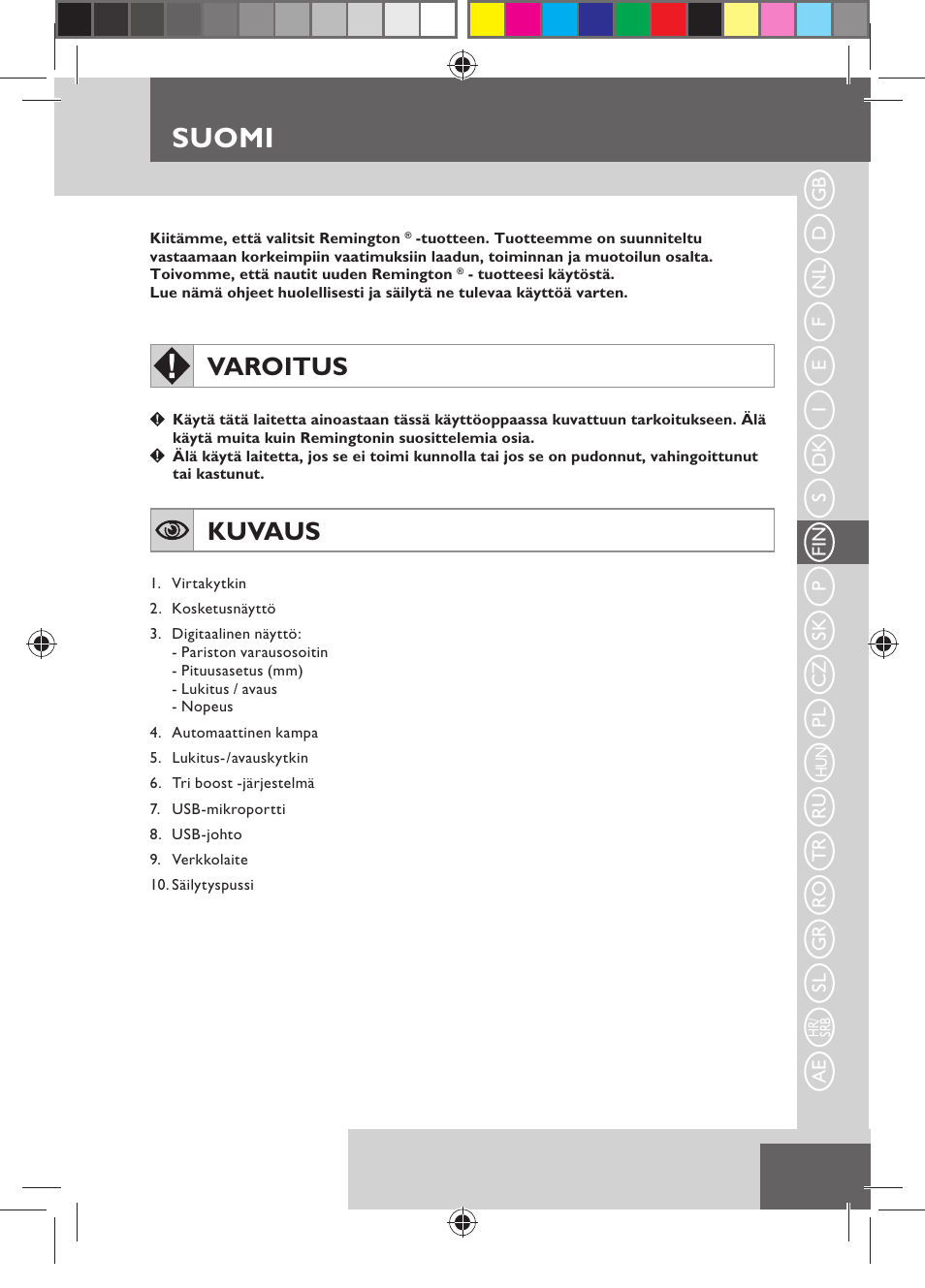 Suomi, Varoitus, Kuvaus | Remington MB4550 User Manual | Page 55 / 132