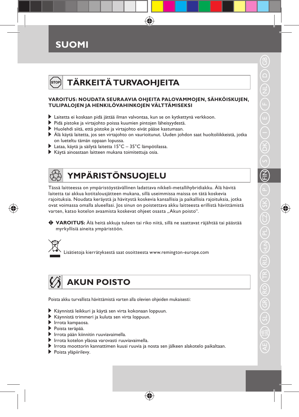 Suomi, Tärkeitä turvaohjeita, Ympäristönsuojelu | Akun poisto | Remington MB4550 User Manual | Page 59 / 132