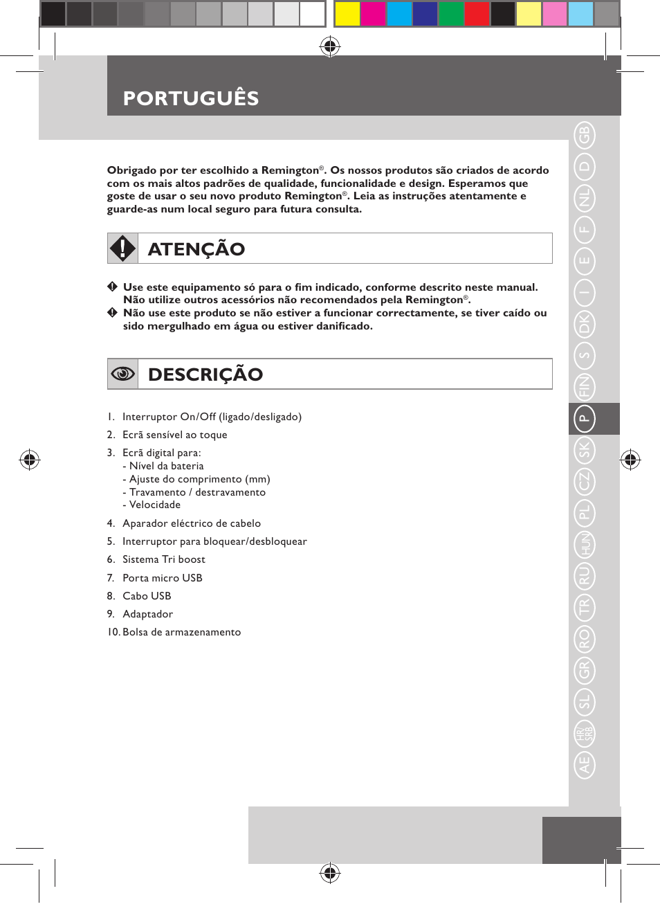 Português, Atenção, Descrição | Remington MB4550 User Manual | Page 61 / 132