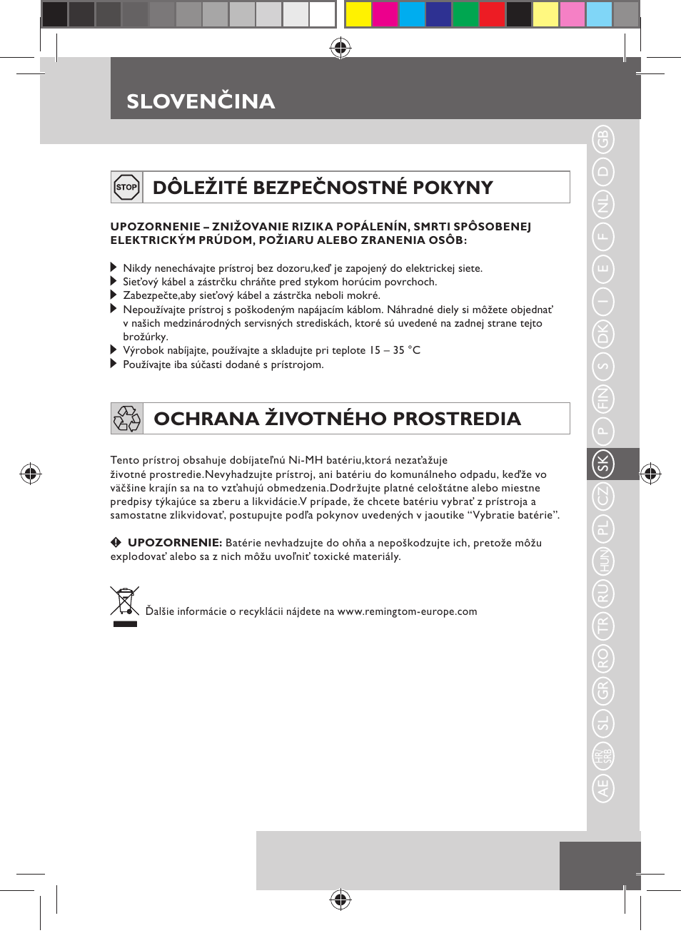 Slovenčina, Dôležité bezpečnostné pokyny, Ochrana životného prostredia | Remington MB4550 User Manual | Page 71 / 132