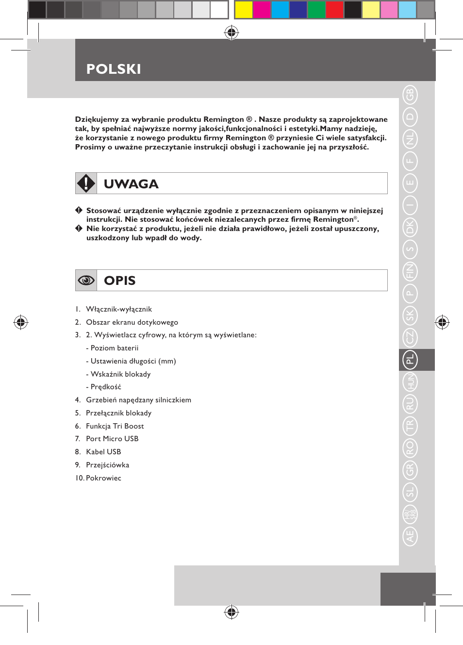 Polski, Uwaga, Opis | Remington MB4550 User Manual | Page 79 / 132