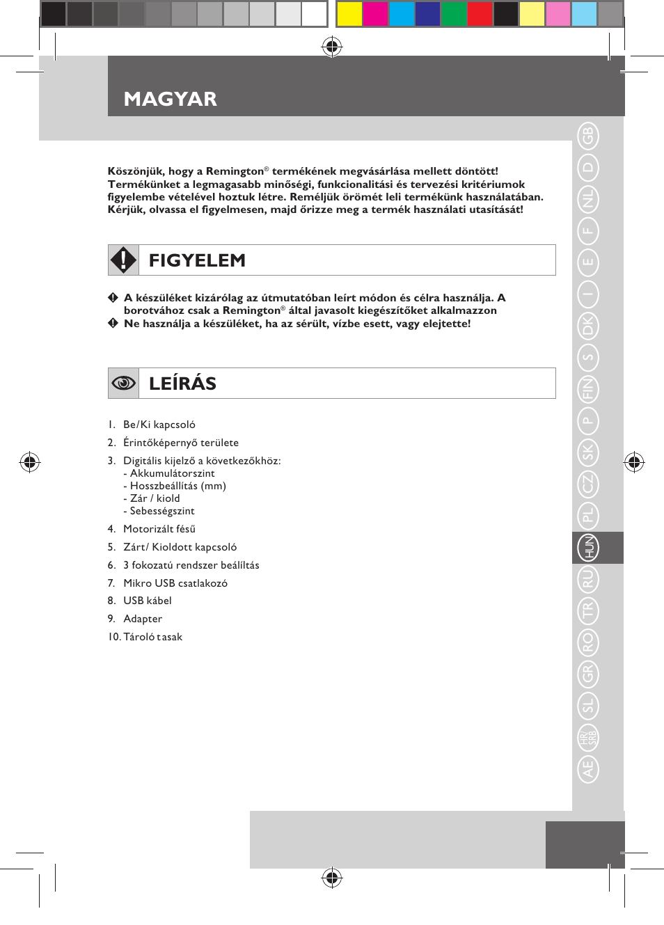 Magyar, Figyelem, Leírás | Remington MB4550 User Manual | Page 85 / 132