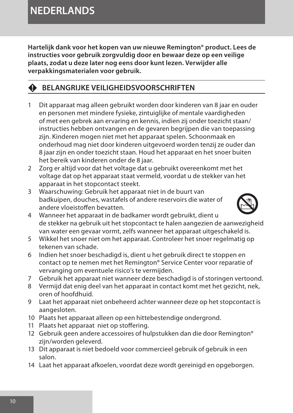 Nederlands, Fbelangrijke veiligheidsvoorschriften | Remington CI96Z1 User Manual | Page 10 / 68