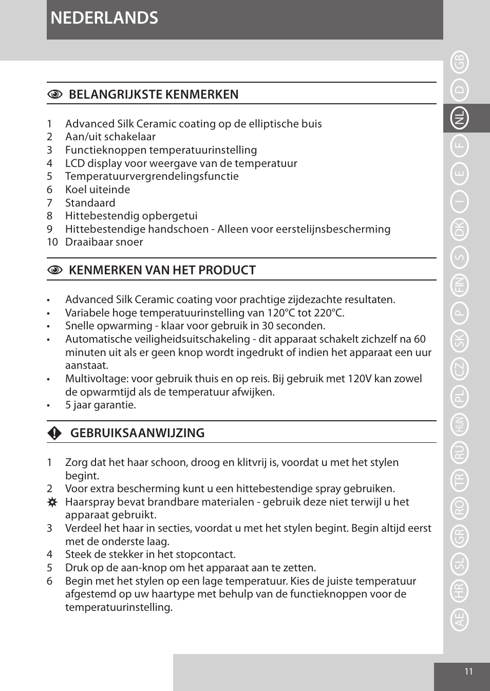 Nederlands | Remington CI96Z1 User Manual | Page 11 / 68