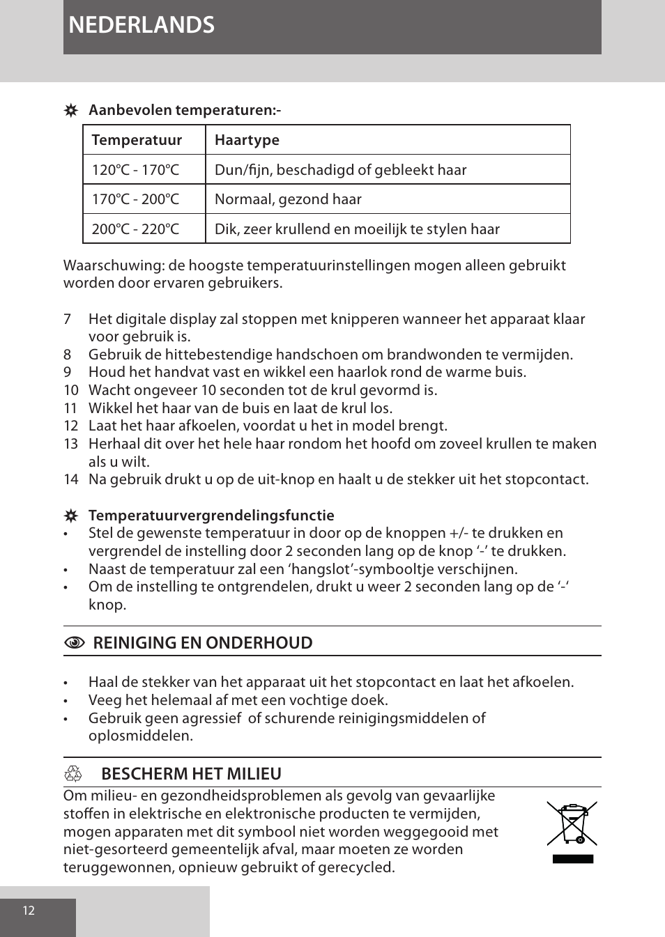 Nederlands | Remington CI96Z1 User Manual | Page 12 / 68
