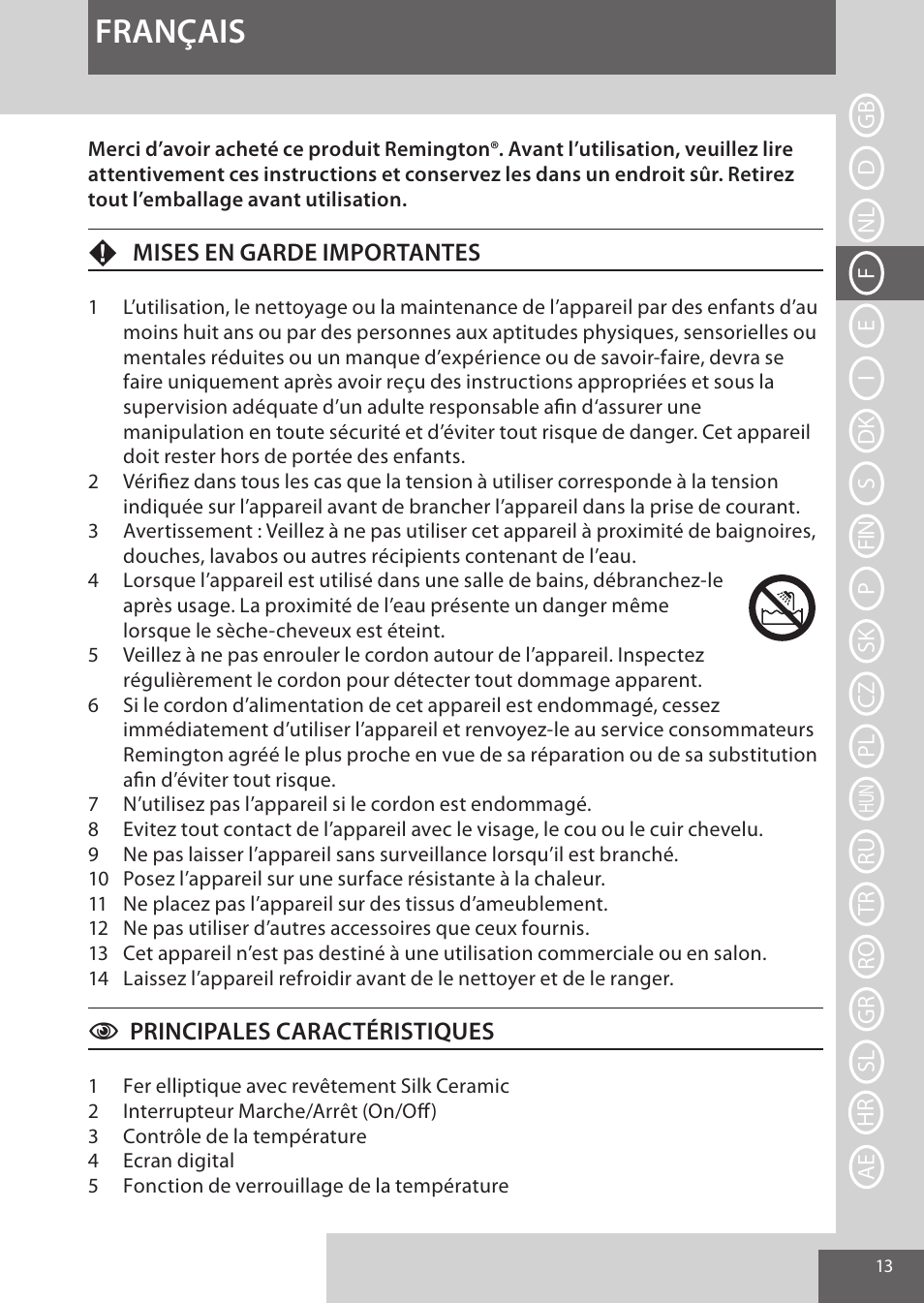 Français | Remington CI96Z1 User Manual | Page 13 / 68