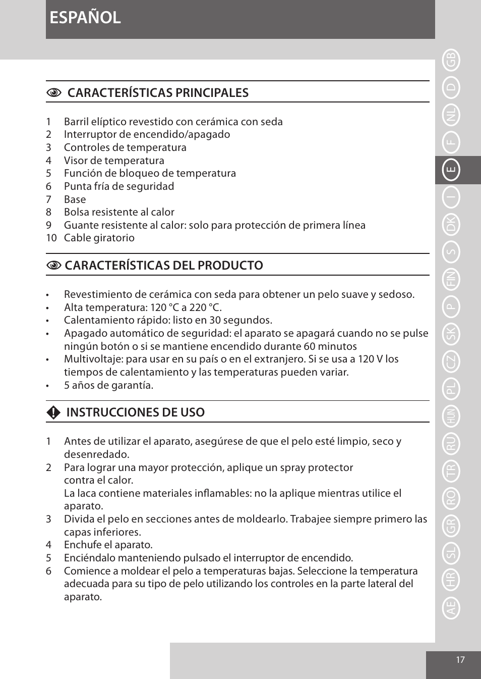 Español | Remington CI96Z1 User Manual | Page 17 / 68