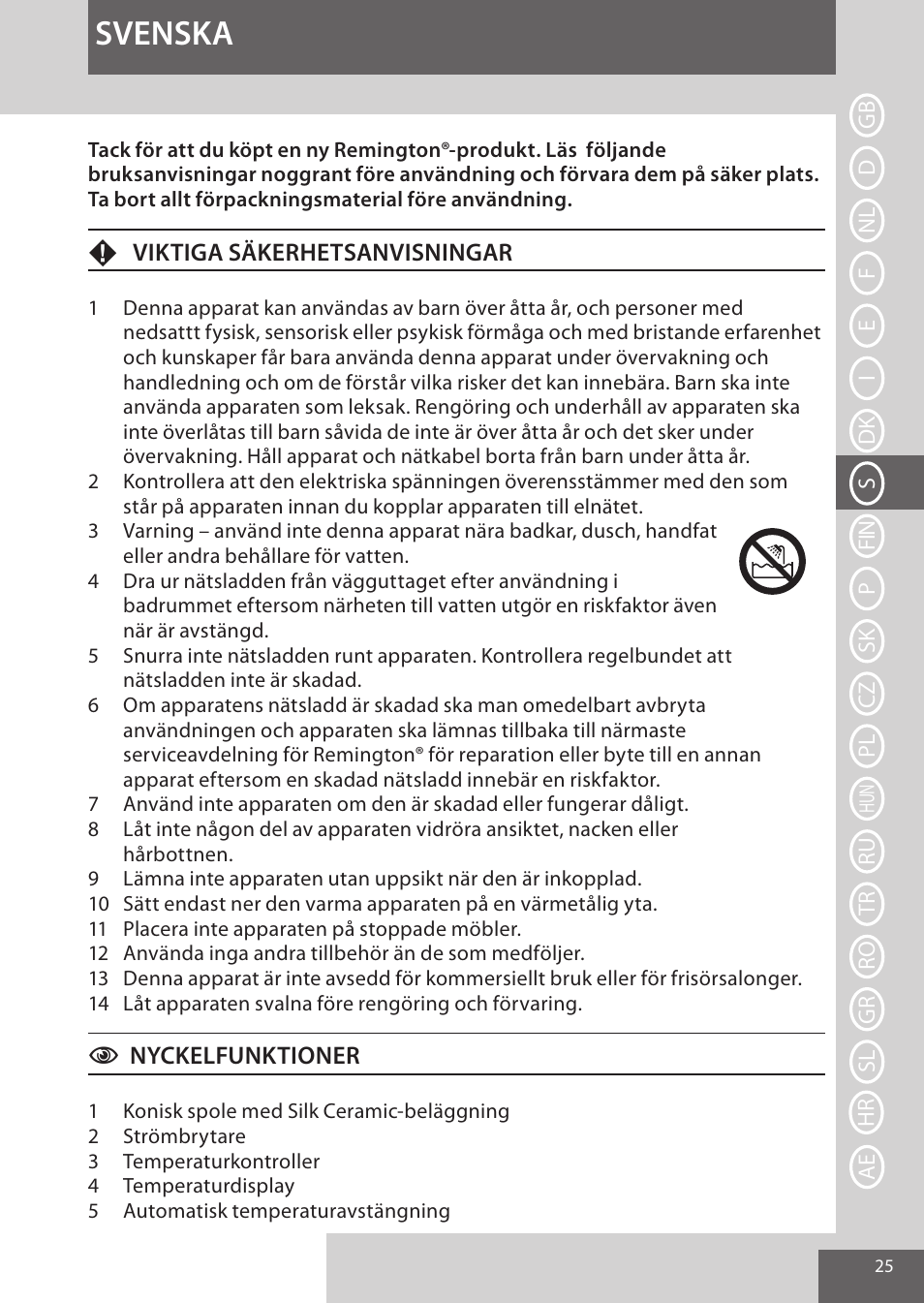 Svenska | Remington CI96Z1 User Manual | Page 25 / 68