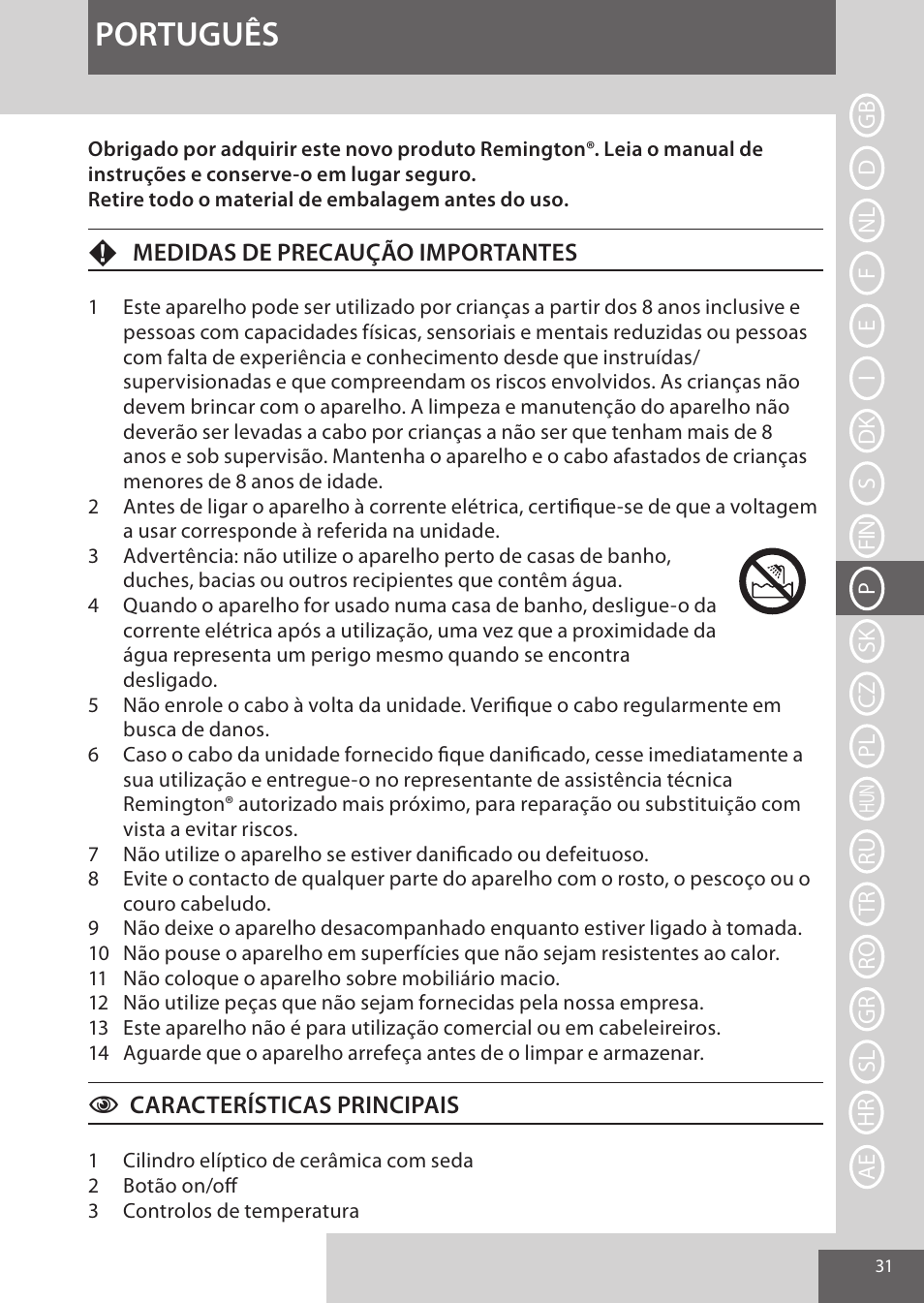 Português | Remington CI96Z1 User Manual | Page 31 / 68