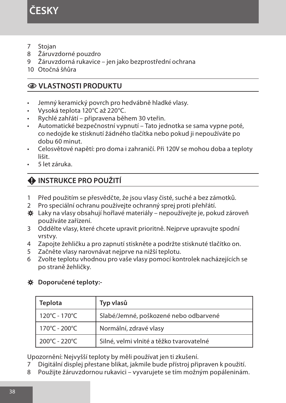 Česky | Remington CI96Z1 User Manual | Page 38 / 68