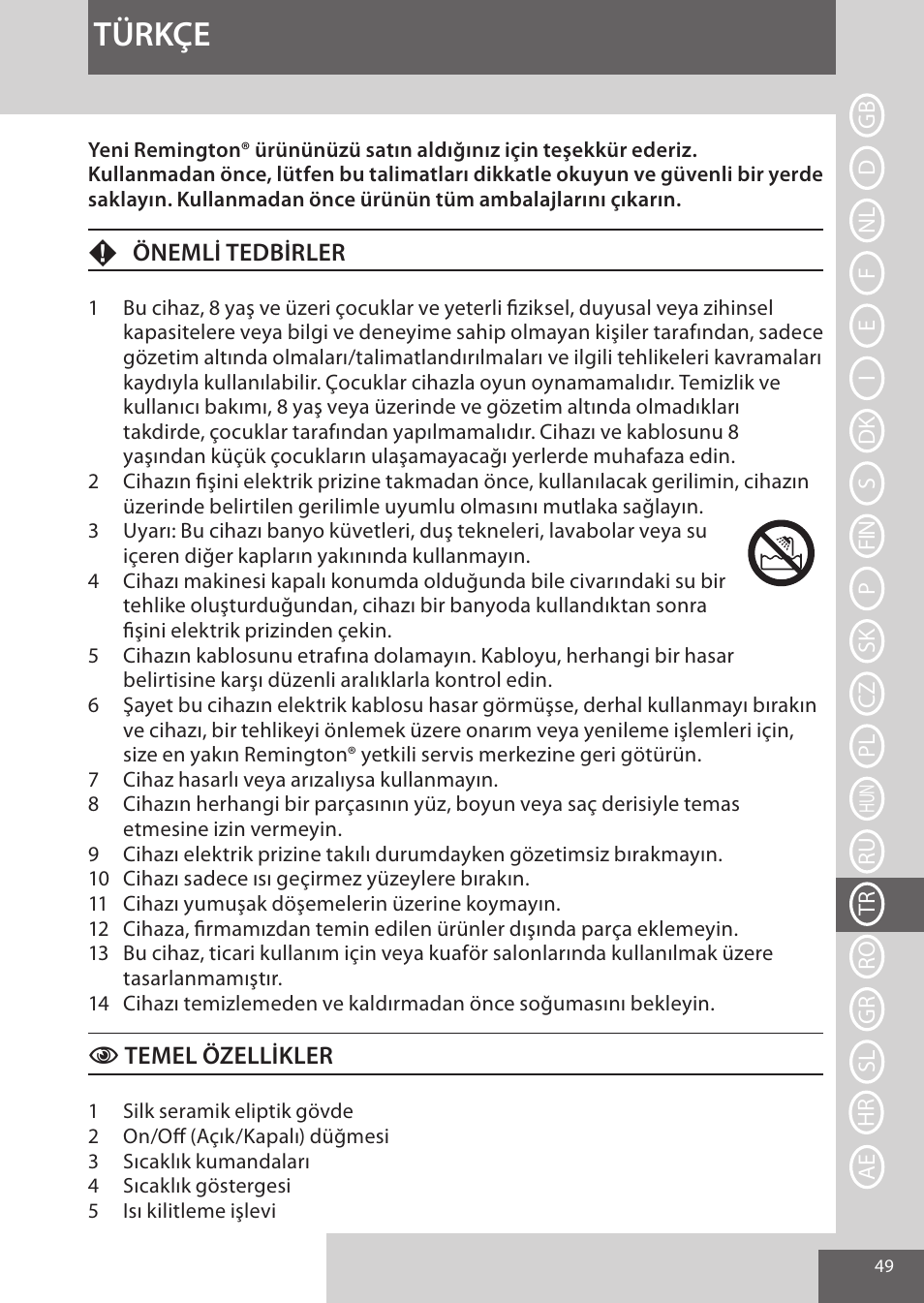 Türkçe | Remington CI96Z1 User Manual | Page 49 / 68