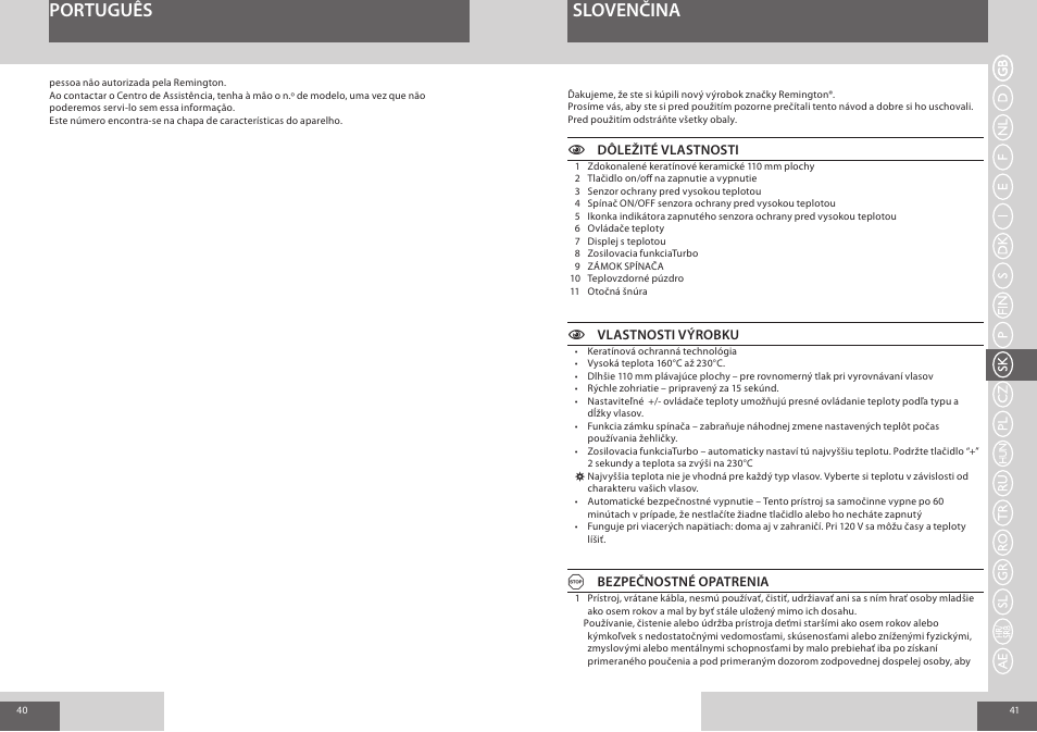 Português, Slovenčina | Remington S8590 User Manual | Page 21 / 45