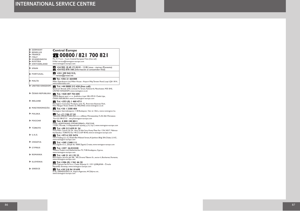 International service centre, Central europe | Remington S8590 User Manual | Page 44 / 45