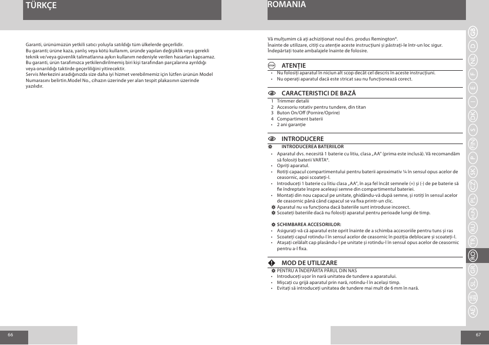 Türkçe, Romania | Remington NE3550 User Manual | Page 34 / 46
