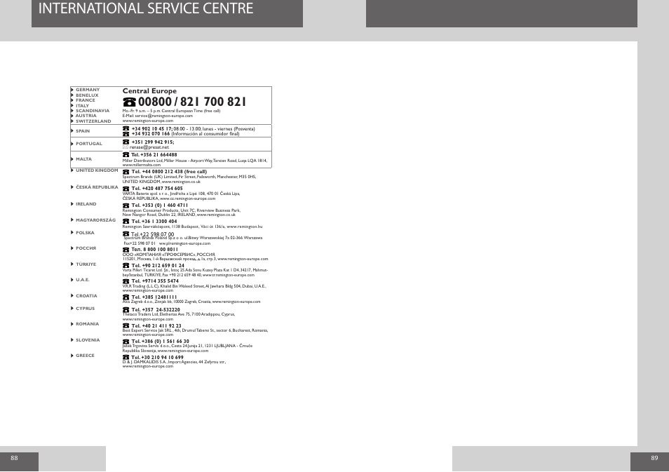 International service centre | Remington NE3550 User Manual | Page 45 / 46